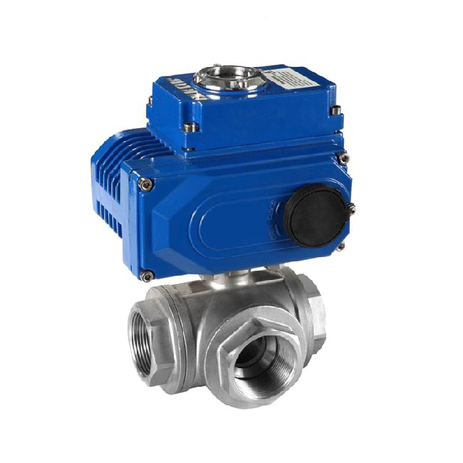 Three way electric threaded ball valve